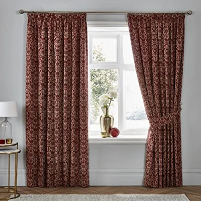 Image of Dreams &amp; Drapes Woven Hawthorne Jacquard Pair of Pencil Pleat Curtains With Tie Backs 66&quot; Width x 72&quot; Drop (168 183cm) in Burgundy