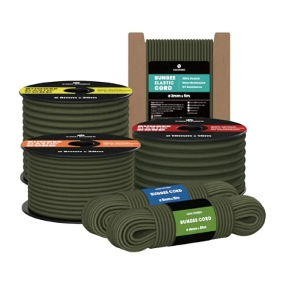 Image of Kamu Synber Bungee Cord 3mm x 10m Elastic Shock Rope for Tarpaulin, Kayak, Tie Down, Camping Army Green