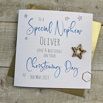 Image of WHITE COTTON CARDS PERSONALISED CHRISTENING BAPTISM CARD. NEPHEW. ANY RELATION. BLUE WOODEN STAR DESIGN. Handmade (P22 72 NEP &amp; XP22 NEP)