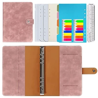Image of Ring Binder A5 Refillable, PU Leather Refillable Notebook Diary Dotted Paper Genuine Inner Pockets for Travel Work and Organiser, Gift Girls, Boys (Pink 23 x 17 cm)