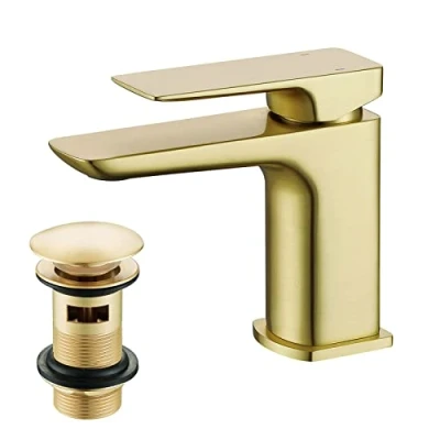 Image of Nes Home Modern Brushed Brass Square Basin Mono Mixer Tap + Waste