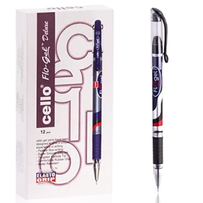 Image of Cello Black Gel Ink Pen 0.5mm Flo Fine Ballpoint for Office School Stationery Supply Pack of 12 Water Resistant