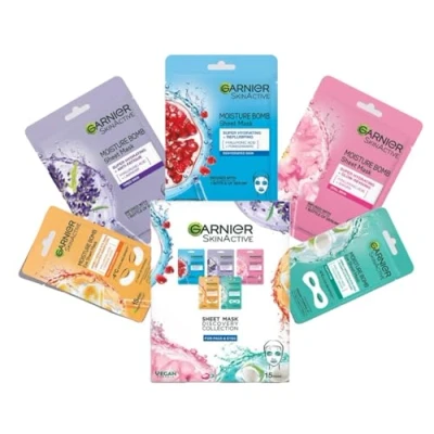 Image of Garnier Sheet Mask Discovery Collection, Face &amp; Eye Masks for Dehydrated, Dull and Tired Skin, With Hyaluronic Acid Glycerine, Skin Active, Pack of 5