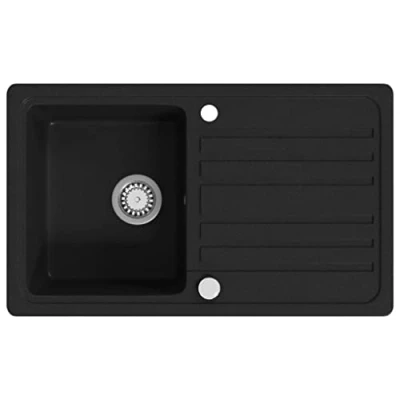 Image of vidaXL Granite Overmount Kitchen Sink Single Basin, Drainer Reversible, Black Scratch Resistant, Heat Resistant up to 280 C, Easy Clean