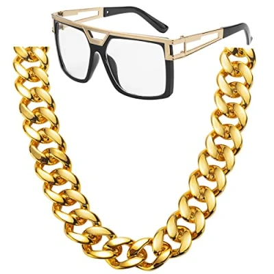 Image of FACATH Hip Hop Costume Kit Big Chunky Plastic Gold Chain, Vintage Hippie Transparent Sunglasses for 80s 90s Rapper Accessories