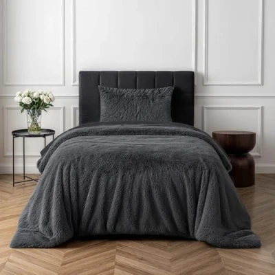 Image of Sleepdown Fleece Luxury Long Pile Faux Fur Charcoal Grey Super Soft Easy Care Duvet Cover Quilt Bedding Set with Pillowcase Single (135cm x 200cm)