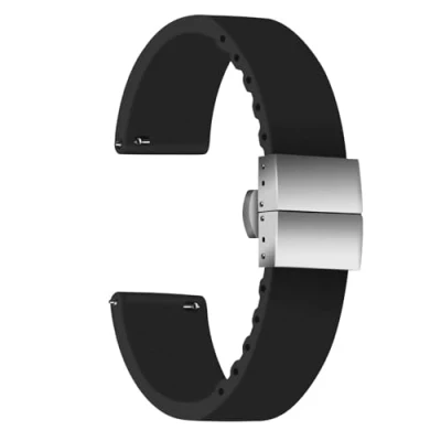 Image of ULLCHRO Silicone Watch Strap Replacement Rubber Band Waterproof 14mm, 16mm, 18mm, 20mm, 22mm, 24mm Bracelet with Stainless Steel Deployment Buckle (16mm, Black)