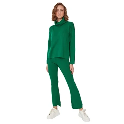 Image of Trendyol Women Loungewear Normal Waist Wide Leg Fitted Trousers Green