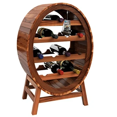 Image of CASARIA® Wine Rack Holds 12 Bottles Solid Acacia Wood Barrel Design Rustic Cellar, Kitchen, Living Room, Bar Bottle Stand Shelf 90x50x30cm
