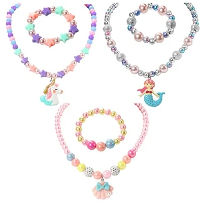 Image of Pinkgarden Kids Beaded Necklace and Bracelet 3 Sets, Mermaid Shell Unicorn Birthday Gift Party Favors Bags For Girls