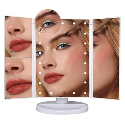 Image of LOIVIYA Vanity Cosmetic Mirror, Makeup Mirror with 22 Led Lights, Touch Screen, Magnification Tri Fold 2X 3X 10X Magnifying 180Free Rotation Dual Power Supply Travel