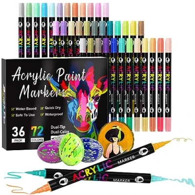 Image of TrendGate 72 Colours, Pack of 36 Acrylic Pens for Stones, Waterproof, Double Tips, Colour Pens, Stones Painting, Wood, Canvas, Glass, Paper, Ceramic, Easter Eggs,