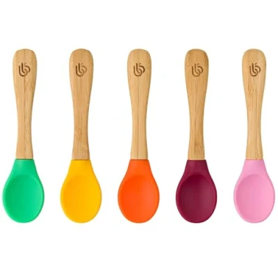 Image of Bamboo ® Baby Weaning Spoons Set of 5 with Soft Silicone Tips Ergonomic Easy Grip Handles BPA Free (Set 5)