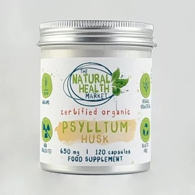 Image of Organic Psyllium Husk Capsules 650mg by The Natural Health Market (120 Capsule Tin) High Soluble Fibre Supplement Prebiotic Plastic Free Vegan