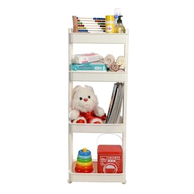 Image of 4 Tier Toy Storage Organiser Play Cart for Playroom Decor Unit Kids Box Child Shelf Drawers Toys Rack Rolling Children Doll Activity