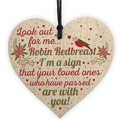 Image of RED OCEAN Robin Redbreast Mum Dad Nan Grandad Memorial Wooden Heart Plaque Grave Sign