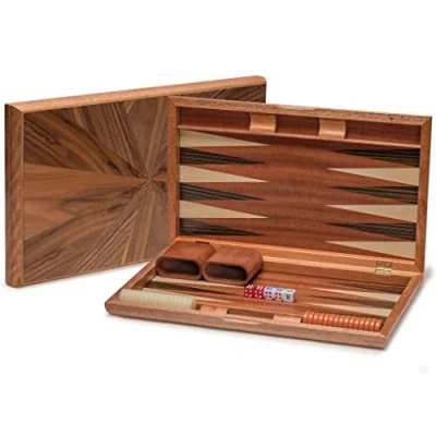 Image of Yellow Mountain Imports Wooden Inlaid Backgammon Set Cascadia with Acrylic Playing Pieces &amp; Dice Cups, 43 centimeters Board