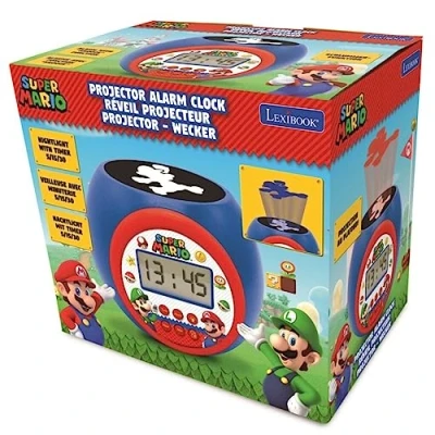 Image of Lexibook Nintendo Super Mario Projector Clock with Snooze Alarm Function,Night Light Timer, LCD Screen, Battery Operated, Blue