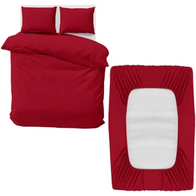 Image of MOONLIGHT20015 4 Piece Super King Bedding Set Duvet Cover, Fitted Sheet with Pillow cases Soft Brushed Microfiber Burgundy