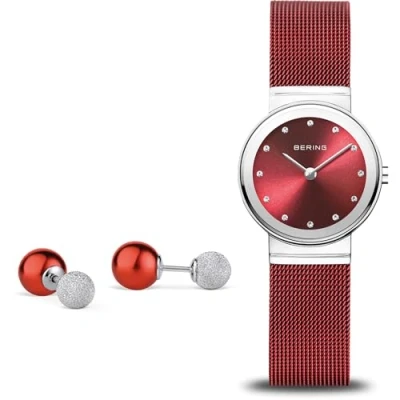Image of BERING Women&#039;s Watch Quartz Movement Classic Collection with Stainless Steel and Sapphire Crystal 10126 303 GWP , Silver/Red