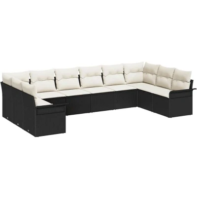 Image of vidaXL 10 Piece Garden Sofa Set with Cushions Black Poly Rattan