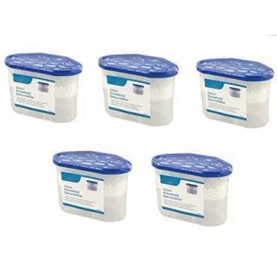 Image of Pack of 5 x 500ml Interior Dehumidifiers for Stop Damp, Mildew, Mould Condensation Moisture Absorber Remover in Home Kitchen Wardrobe Bedroom Caravan Office Garage Bathroom, Basement