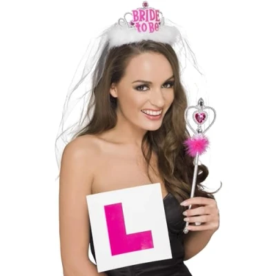 Image of Smiffys Hen Party Kit, Pink &amp; White with Bride to Be Tiara Veil, L Plate Badge Wan, stag Night Fancy Dress, Dress Up / adult items