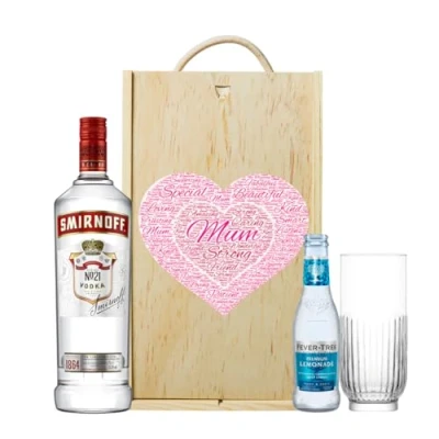 Image of Mother&#039;s Day Smirnoff Premium Vodka Gift Set with Fever Tree Lemonade &amp; Glass in Double Wooden Box (70cl) Mothers Day, Hamper, Mum, Hampers Gourmet Gifts,