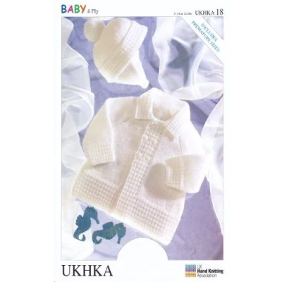 Image of UKHKA/18 Matinee Coat &amp; Helmet Baby 4 Ply Knitting Pattern By UK Hand Knit Assoc