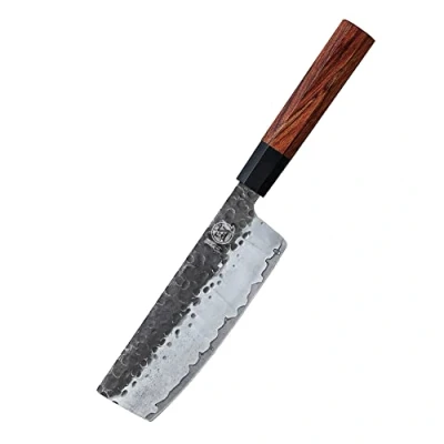 Image of MITSUMOTO SAKARI Professional Chef Knife, High Carbon Stainless Steel Kitchen Japanese 7 inch Hand Forged Vegetable Knives (Rosewood Handle &amp; Sandalwood Box)