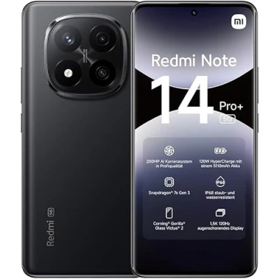Image of xiaomi Redmi Note 14 Pro+ 5G smartphone, 12+512GB, Midnight Black, 200MP pro grade AI camera, IP68, 120W HyperCharge, features (no charger included), 2 year Warranty