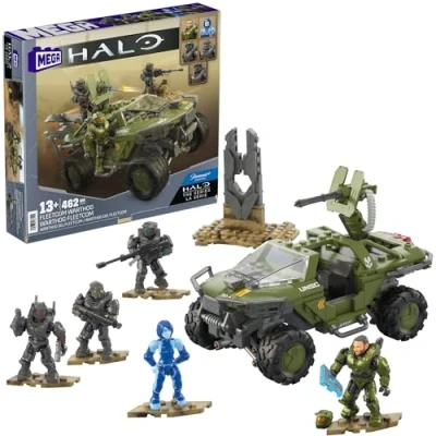 Image of MEGA Halo The Series Vehicle Building Toys Set, FLEETCOM Warthog ATV with 469 Pieces, 5 Micro Action Figures, Poseable Articulation, Kids and Fans, HNC57
