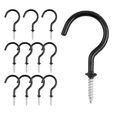 Image of KINGLAKE 12 Pcs 2 Inch Black Mug Cup Hooks Screw in Plastic Coated Ceiling Vinyl Utility for Wood, Under Cupboard, Cabinet Shelf, Hanging Plant and Kitchen Utensils
