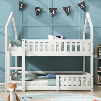 Image of BTM Wooden Bunk Beds, Two Sleeper Bed with Ladder, Solid Wood Frame 3FT Single Bed, Castle shaped Children for Kids