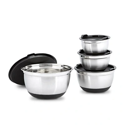 Image of Relaxdays BOWLY, Set of 4, Diameter: 15.5/17/21/25.5 cm, Mixing Stainless Steel with Aroma Protective Salad Serving Bowl Fresh Preserving Lid, Silver/Black, 25.5 x 14.5 cm