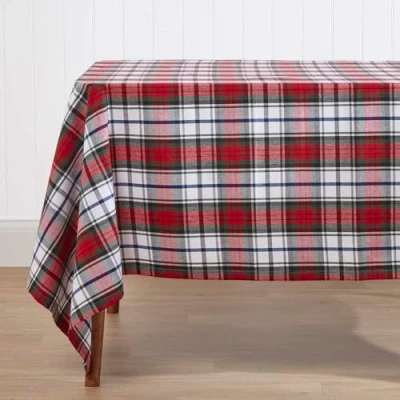 Image of HOMESCAPES Christmas Tablecloth Macduff Tartan Check x Mas design 54 70 Inch 100% Cotton White Green and Red Colour Washable at Home