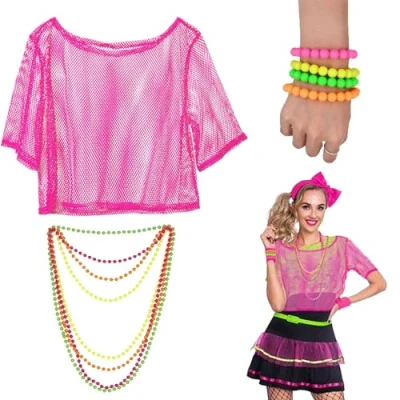 Image of FUIPVG 80s Neon Fancy Dress Costume Accessories Set,Neon Multi Beads, Pack Includes Pink, Yellow, Green &amp; Orange Beads,1980s Retro Theme Party Decoration,Ideal for Festivals,Parties (pink)
