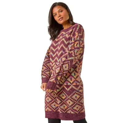 Image of Roman Thick Jumper Dress for Women UK Ladies Knitted Knit Sweater Long Longline Knitwear Autumn Winter Holiday Round Neck Sleeve Soft Knee Length Sweat Warm Wine Size 14