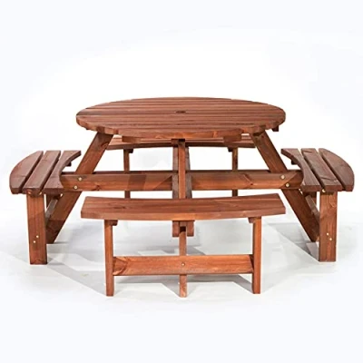 Image of BrackenStyle Wooden Round Table with Bench and Parasol Hole 1 Piece Furniture Outdoor Dining for Picnic, Garden, Patio, 8 People Seater 1.8M Diameter (Brown)