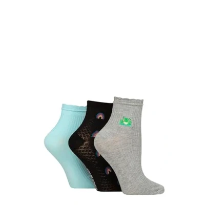 Image of Elle Ladies Bamboo Anklet Socks With Frill Welt Cuff, Embroidered Motifs, Textured Weaves,Ribbed in Soft Breathable Cooling Material Multipack of 3 Pairs Size 4 8 Rainbow
