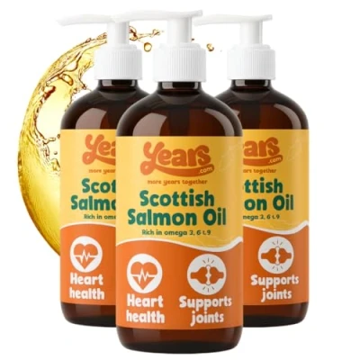 Image of YEARS 100% Natural Pure Scottish Salmon Oil for Dogs Exclusive Dog Supplement Rich in Essential Omega 3, 6 &amp; 9 Fish Oils Glossy Coat Healthy Heart Itchy Skin Joints Mobility (Triple Pack)