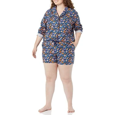 Image of Amazon Essentials Women&#039;s Lightweight Woven Flannel Pyjama Set with Shorts Discontinued Colours, Teal Blue Floral Camo, XXL