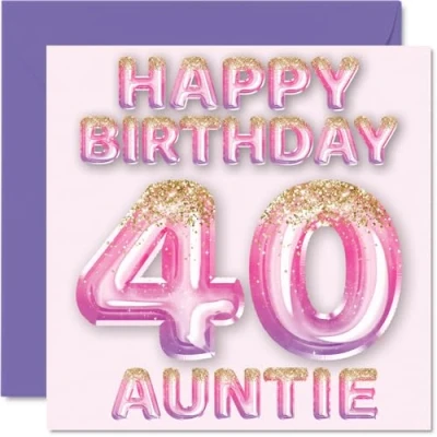 Image of 40th Birthday Card for Auntie Pink &amp; Purple Glitter Balloons Happy Cards 40 Year Old Aunt Aunty from Nephew Niece, 145mm x Bday Greeting Gift