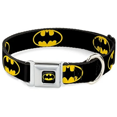 Image of Buckle Down Seatbelt Dog Collar Batman Shield Black/Yellow 1.5&quot; Wide Fits 18 32&quot; Neck Large