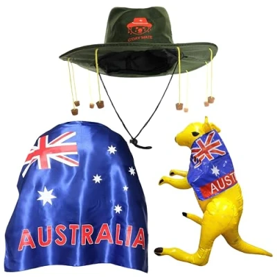 Image of AUSTRALIA DAY FANCY DRESS SET LARGE WEARABLE SATIN AUSSIE FLAG CAPE + CORK HAT WITH KOALA PRINT EMBLEM YELLOW INFLATABLE KANGAROO OZ COSTUME DUNDEE FOOTBALL
