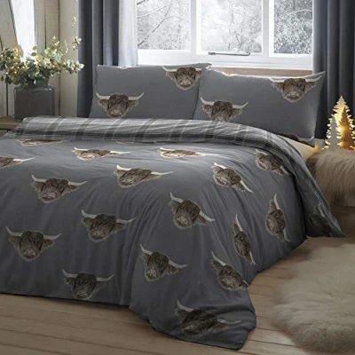 Image of Fusion Highland Cow Duvet Cover Double Bedding Size (200 x 200cm) Reversible Design Grey Tartan Bedding/Flannelette Farm in Gifts