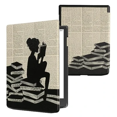 Image of kwmobile Case Compatible with Pocketbook InkPad 4 / Color 3 2 Vivlio eReader Cover Girl and Books Black/Beige