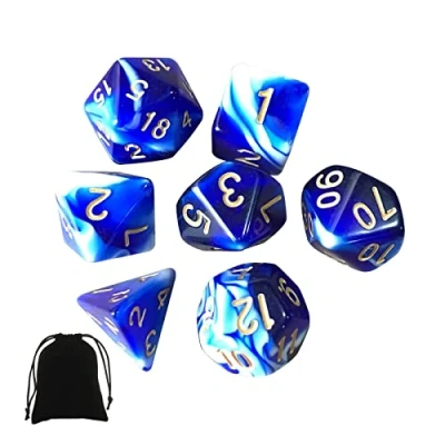 Image of DND Game Dice, 7PCS Polyhedral Two Color Dice Set Blue White for Dungeons and Dragons RPG MTG Role Playing Table Games D4 D6 D8 D10 D12 D20