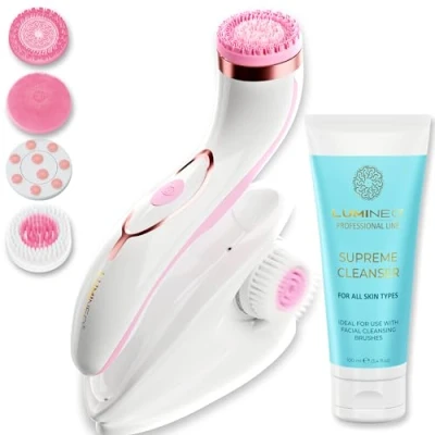 Image of Lumineo PRO deep Facial Cleansing, face Brush with 4 attachments, Medical Silicone, USB C, IPX6 Waterproof, Matching Cleansing Gel for All Skin Types (Pink)
