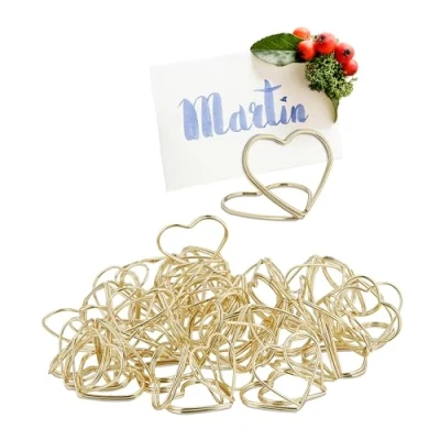 Image of Relaxdays Place Card Holder, 48x Set, Table Stand, Marker, Seat Arrangement, Wedding Decor, Wooden, Menu, Number, Gold, Iron, 2.5 x 3 cm